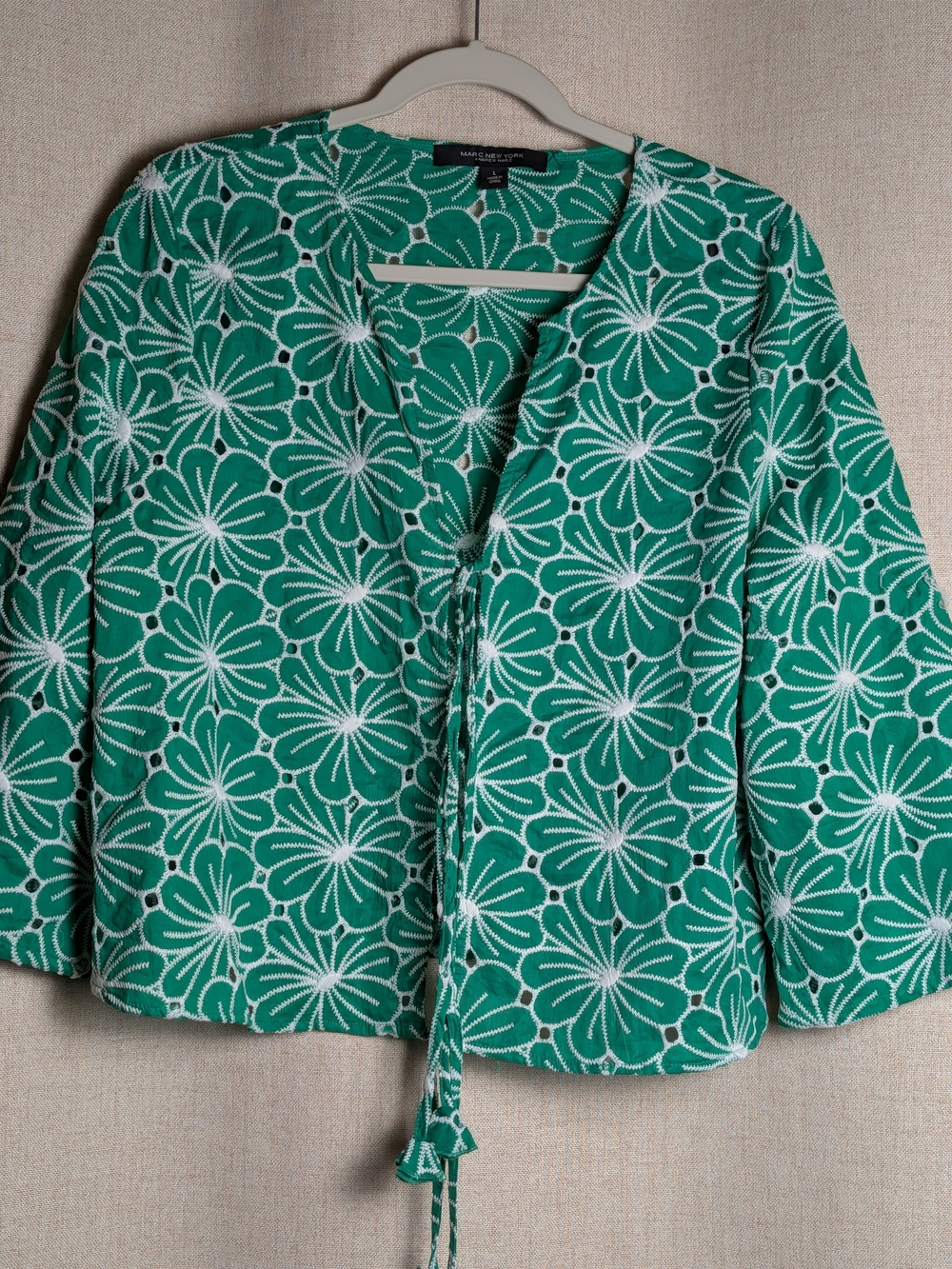 Marc New York Green Floral Eyelet Embroidered Tie Front Jacket Large